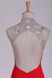 2024 Red High Neck Prom Dresses Sheath/Colum With Beading P3XSANTS