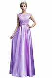 Elegant A-Line Applique Round Neck Lace Satin Ball Gown Evening PF19Q8AM