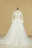 2024 A Line Long Sleeves Wedding Dresses Tulle With Applique And Sash Sweep PA3KBB8E