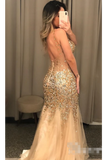 Gold Beaded Glistening Illusion V Neck Party Dress Backless Mermaid Long Prom STIP9TPGCT9