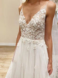 Elegant A line Spaghetti Straps V Neck Tulle Wedding Dresses, Wedding STI20411