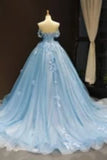 Light Sky Blue Off The Shoulder Ball Gown Tulle Prom Dress P6GKDAZ8