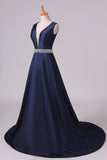 2024 New Arrival V-Neck Prom Dresses A Line Beaded Waistline Court PLLPT1ME