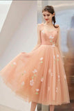 Cute Tea Length A Line Pink Short Prom Dress Sweet 16 Dresses with Hand Made Flower STI15138