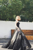 Elegant Black A-line Sweetheart Strapless Tulle Lace Appliques Lace up Prom Dresses