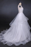 Elegant V-neck Tulle Open Back Wedding Dresses, Asymmetrical Long Bridal Dresses STI15217