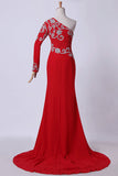 2024 Long Dress One Sleeve Beaded Bodice Sheath/Column With Chiffon PGS4QKP3