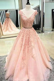 2024 Tulle Appliques A-Line V-Neck Prom Dresses PYB3RDTP