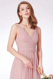 Simple A Line Pink V Neck Tulle Sleeveless Prom Dresses Long Bridesmaid Dresses STI15383