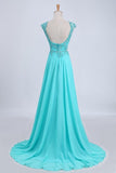 2024 Two Pieces Prom Dresses Bateau Backless A Line Chiffon Sweep Train PDQCKJZJ