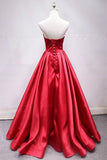 A Line Sweetheart Red Satin Lace Up Long Prom Dresses with Bowknot, Cheap Formal Dresses STI15035