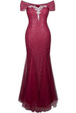 Halter Bateau Beaded Tulle Mermaid Sheath Prom Dresses