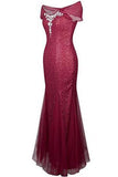 Halter Bateau Beaded Tulle Mermaid Sheath Prom Dresses