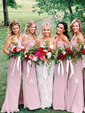 Dusty Pink Chiffon Sheath Off Shoulder Long Bridesmaid Dresses, Wedding Party Dresses STI15141