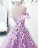 Ball Gown Off the Shoulder V Neck Tulle Lavender Beads Prom Dresses, Quinceanera Dresses STI15562