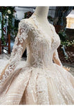 Ball Gown Wedding Dresses V Neck Long Sleeves Top Quality Appliques P87938N1