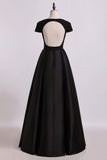 2024 Open Back V-Neck Short Sleeve A-Line Satin Evening Dress Black Bodice P2KGBHTC