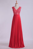 2024 V Neck Prom Dress Appliqued Bodice Ruched Waistband Flowing Chiffon P8DYAPTD