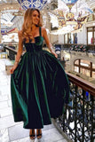 Vintage A-Line Sweetheart Straps Open Back Dark Green Velvet Floor Length Prom Dresses STI15481