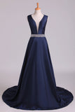 2024 New Arrival V-Neck Prom Dresses A Line Beaded Waistline Court PLLPT1ME