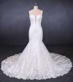 Charming Strapless Sweetheart Mermaid Lace Appliques White Wedding Dresses STI15128