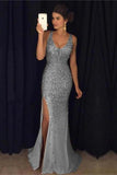 Formal Charming Sheath Long Sparkly Beading Gray Evening Dresses PPFJ6FTL