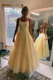 A Line Yellow Tulle Prom Dresses with Lace Appliques, Criss Cross Straps Formal Dresses STI15047