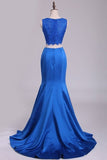 2024 Two Pieces Mermaid Bateau Prom Dresses With Beading Satin PKK4KXYT