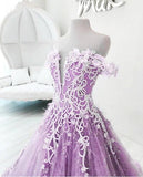 Ball Gown Off the Shoulder V Neck Tulle Lavender Beads Prom Dresses, Quinceanera Dresses STI15562