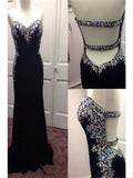 Black Beading Open Back Long Sheath Prom Dress Evening Dresses