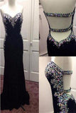 Black Beading Open Back Long Sheath Prom Dress Evening Dresses