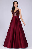 Deep V Neck Long Sleeveless Spaghetti Straps Burgundy Satin Evening Prom Dresses STI15140