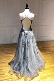 A Line Spaghetti Straps Lace Silver Long Prom Dresses with Applique Open Back Party Dresses STI15027