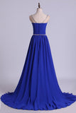 2024 Scoop Prom Dresses A Line Pleated Bodice Chiffon With Beads Dark Royal P5HQ9PMX