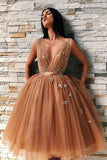 Ball Gown Tulle V Neck Homecoming Dresses with Appliques, Short Prom STI20392