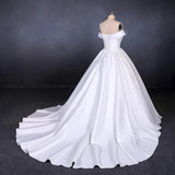 Ball Gown Off the Shoulder White Satin Wedding Dresses, Simple Cheap Wedding Gowns STI15065