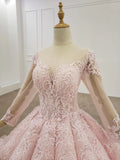 Elegant Ball Gown Pink Long Sleeves Appliques Prom Dresses, Quinceanera STI20482