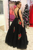 A Line V Neck Straps Lace Black Prom Dresses Backless Cheap Party Dresses