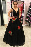 A Line V Neck Straps Lace Black Prom Dresses Backless Cheap Party Dresses