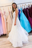 Puffy White V Neck Tulle Sequins Long Prom Dress A Line Backless Evening Dresses STI15313