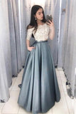 2 Pieces Long Lace Satin A-Line Elegant Prom Dresses PSKYQFHG