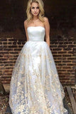 2024 New Arrival Strapless A Line Wedding Dresses Satin With Detachable P2S8E9HF