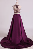 2024 Two Pieces A Line Scoop Beaded Bodice Prom Dresses Satin & Tulle Sweep PGGMA9HK