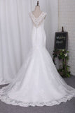 2024 Mermaid V Neck Wedding Dresses Tulle With Applique Chapel PH5GH3C7