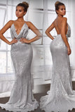 Sexy Mermaid Deep Neck Halter Backless Sequins Prom Dresses Long Formal Dresses STI15338