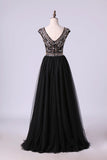 2024 Scoop A-Line Prom Dress Floor-Length Full Beaded Bodice PCF2XYDE