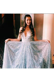 Sparkly Deep V Neck A Line Prom Dresses Floor Length Sleeveless Long P3KE4RBX