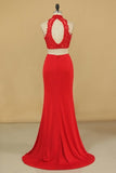 2024 Two-Piece High Neck Spandex Prom Dresses Sheath With Beads And Applique PPNC4NGL