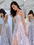 Charming Sweetheart Strapless Lace Appliques Lilac Prom Dresses with STI20404