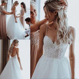 Elegant Tulle Spaghetti Straps V Neck Beaded Appliqued A-line Wedding Dresses STI15208